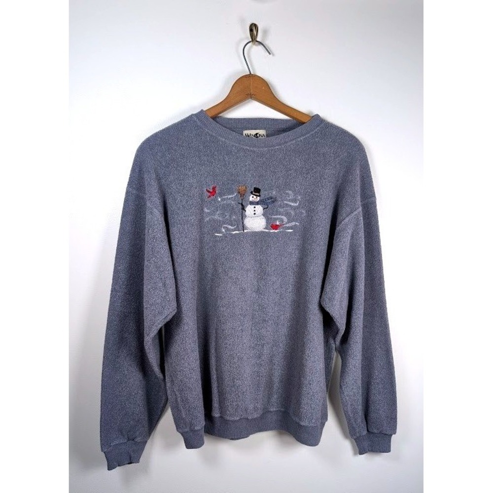 Vtg‎ Embroidered Snowman Sweatshirt  Size XL Inside out Knit Christmas Winter